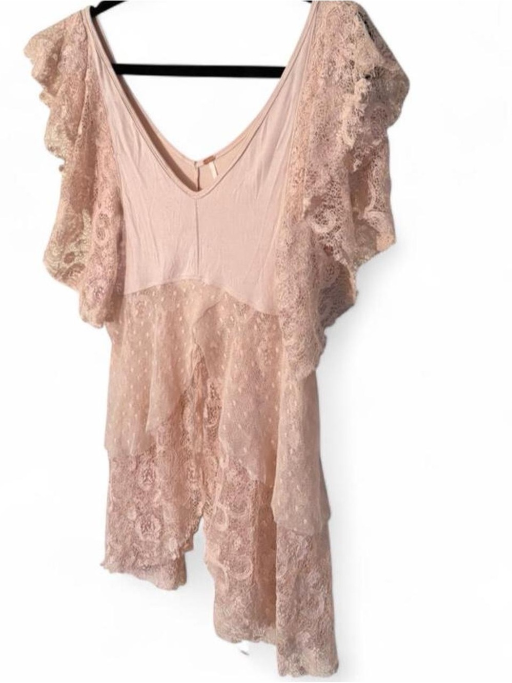 Free People Soft Blush Nude Layered Tiered Lace-Trim Top Blouse Tunic M Boho